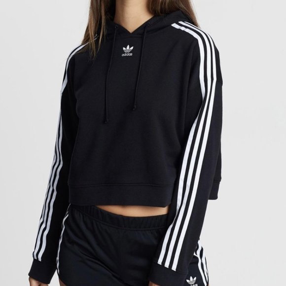 NEW adidas Black Original 3 Stripe Cropped Hoodie - Picture 7 of 9